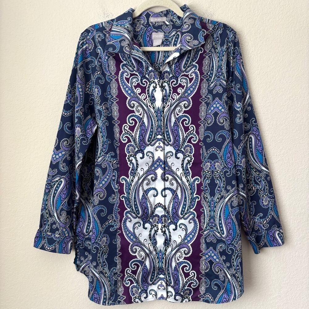Chico’s No Iron Paisley Tunic Shirt L Purple Longline Button Up